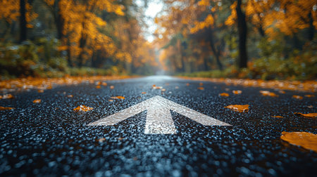 An asphalt road with an arrow painted on it symbolizes growth, development and the path to success.の素材