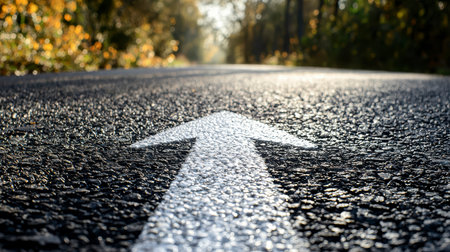 An asphalt road with an arrow painted on it symbolizes growth, development and the path to success.の素材