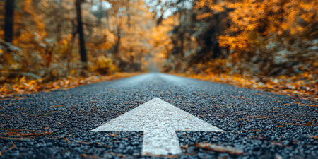 An asphalt road with an arrow painted on it symbolizes growth, development and the path to success.の素材