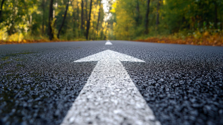 An asphalt road with an arrow painted on it symbolizes growth, development and the path to success.の素材