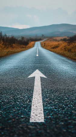 An asphalt road with an arrow painted on it symbolizes growth, development and the path to success.の素材
