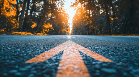 An asphalt road with an arrow painted on it symbolizes growth, development and the path to success.の素材