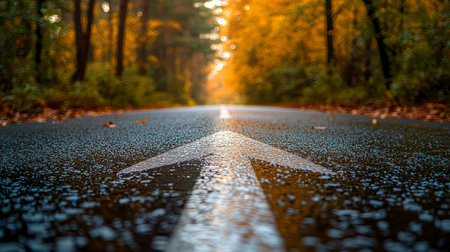 An asphalt road with an arrow painted on it symbolizes growth, development and the path to success.の素材