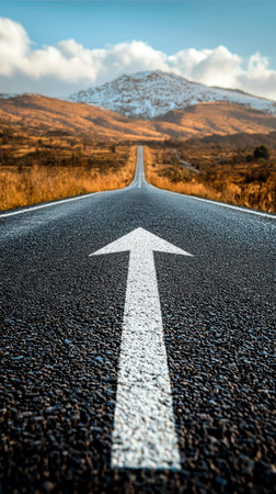 An asphalt road with an arrow painted on it symbolizes growth, development and the path to success.の素材