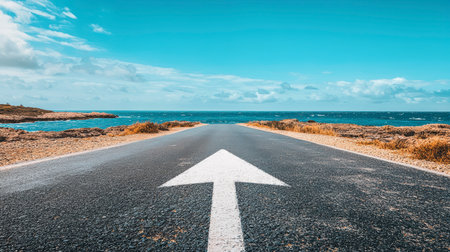 An asphalt road with an arrow painted on it symbolizes growth, development and the path to success.の素材