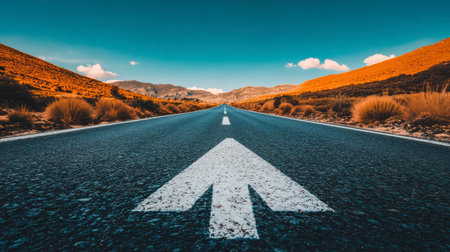 An asphalt road with an arrow painted on it symbolizes growth, development and the path to success.の素材