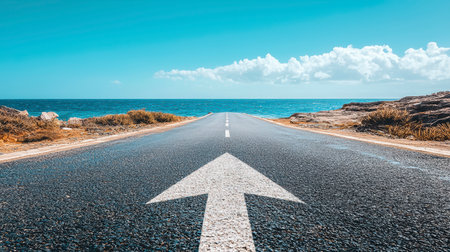 An asphalt road with an arrow painted on it symbolizes growth, development and the path to success.の素材