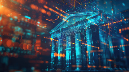 Futuristic virtual bank building. Digital architecture of the modern financial system.の素材