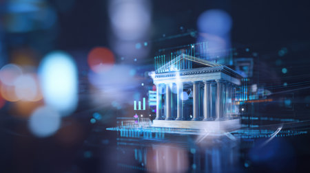 Futuristic virtual bank building. Digital architecture of the modern financial system.の素材