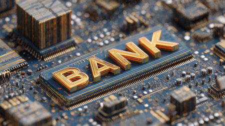 Futuristic virtual bank building. Digital architecture of the modern financial system.の素材