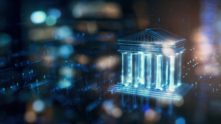 Futuristic virtual bank building. Digital architecture of the modern financial system.の素材