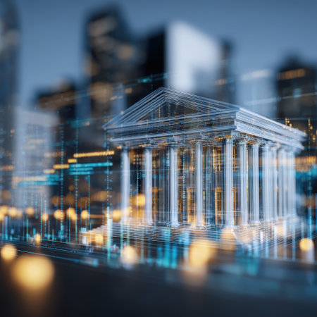 Futuristic virtual bank building. Digital architecture of the modern financial system.の素材