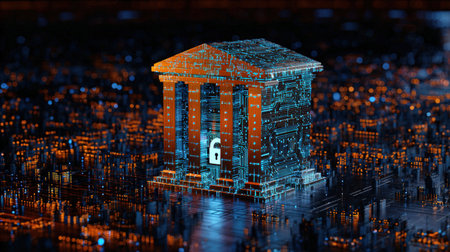 Futuristic virtual bank building. Digital architecture of the modern financial system.の素材