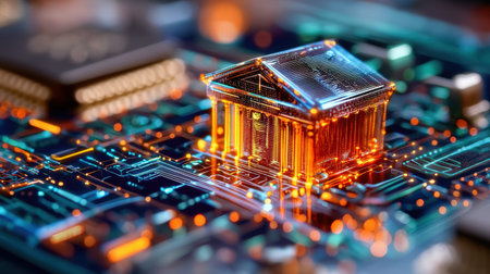 Futuristic virtual bank building. Digital architecture of the modern financial system.の素材