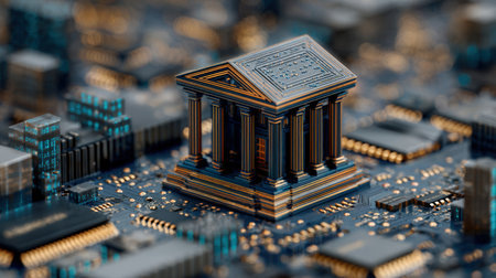 Futuristic virtual bank building. Digital architecture of the modern financial system.の素材