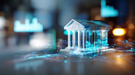 Futuristic virtual bank building. Digital architecture of the modern financial system.の素材