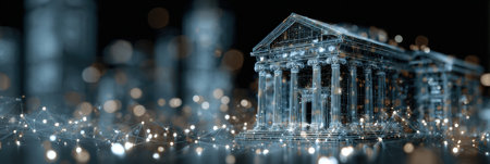 Futuristic virtual bank building. Digital architecture of the modern financial system.の素材