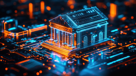 Futuristic virtual bank building. Digital architecture of the modern financial system.の素材