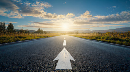 An asphalt road with an arrow painted on it symbolizes growth, development and the path to success.の素材