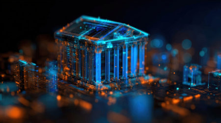 Futuristic virtual bank building. Digital architecture of the modern financial system.の素材