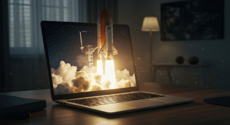 Space Rocket Launch From Laptop Screen, With Blurred Office In The Background. Creative digital startup concept.の素材