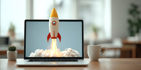 Space Rocket Launch From Laptop Screen, With Blurred Office In The Background. Creative digital startup concept.の素材
