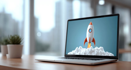 Space Rocket Launch From Laptop Screen, With Blurred Office In The Background. Creative digital startup concept.の素材