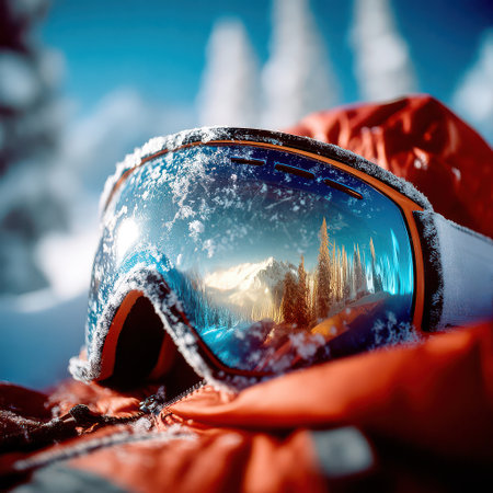 Ski Goggles Reflecting Snowy Mountains and Winter Landscape.の素材