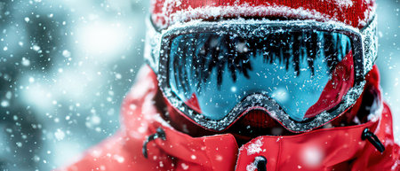 Ski Goggles Reflecting Snowy Mountains and Winter Landscape.の素材