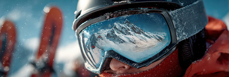 Ski Goggles Reflecting Snowy Mountains and Winter Landscape.の素材