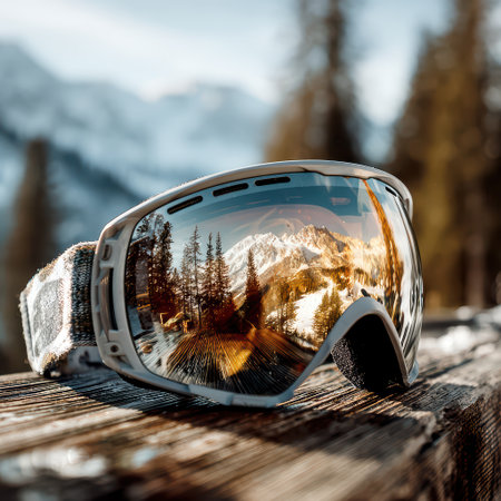 Ski Goggles Reflecting Snowy Mountains and Winter Landscape.の素材