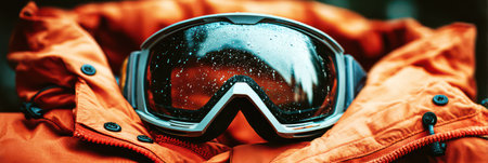 Ski Goggles Reflecting Snowy Mountains and Winter Landscape.の素材