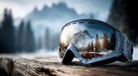 Ski Goggles Reflecting Snowy Mountains and Winter Landscape.の素材