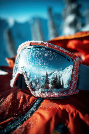 Ski Goggles Reflecting Snowy Mountains and Winter Landscape.の素材