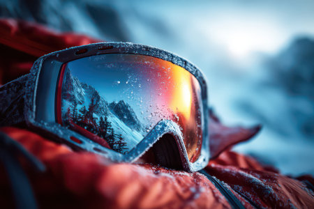 Ski Goggles Reflecting Snowy Mountains and Winter Landscape.の素材