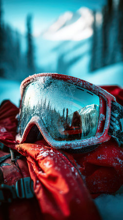 Ski Goggles Reflecting Snowy Mountains and Winter Landscape.の素材