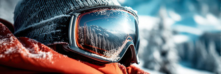 Ski Goggles Reflecting Snowy Mountains and Winter Landscape.の素材