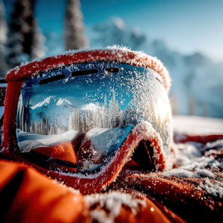 Ski Goggles Reflecting Snowy Mountains and Winter Landscape.の素材