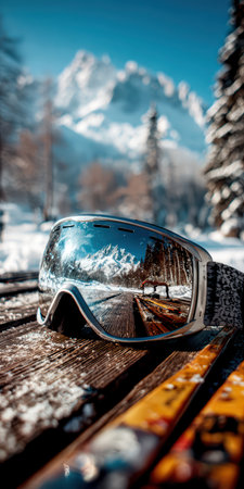 Ski Goggles Reflecting Snowy Mountains and Winter Landscape.の素材