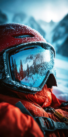 Ski Goggles Reflecting Snowy Mountains and Winter Landscape.の素材
