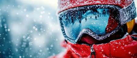 Ski Goggles Reflecting Snowy Mountains and Winter Landscape.の素材