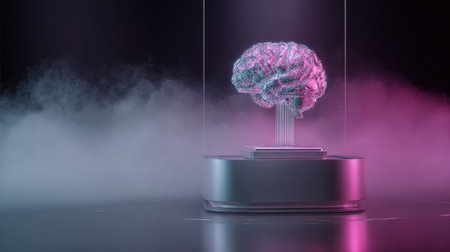 Futuristic glowing digital hologram of a brain emerging from a computer microchip. Concept of artificial intelligence.の素材