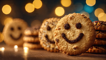 Smiling cookies with caramel icing and colorful sprinkles.の素材