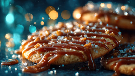 Close-up of holiday gingerbread cookies topped with icing and powdered sugar.の素材