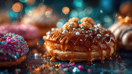 Close-up of holiday gingerbread cookies topped with icing and powdered sugar.の素材
