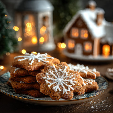 Close-up of holiday gingerbread cookies topped with icing and powdered sugar.の素材