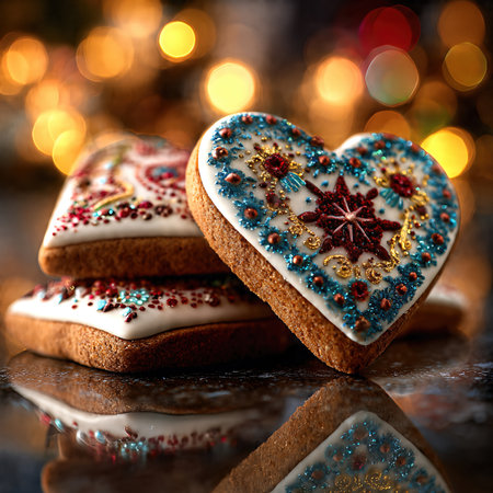 Close-up of holiday gingerbread cookies topped with icing and powdered sugar.の素材