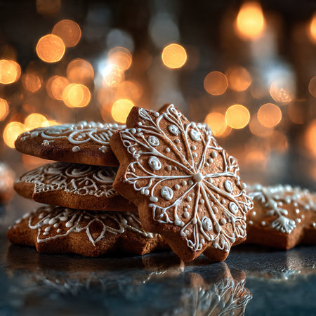 Close-up of holiday gingerbread cookies topped with icing and powdered sugar.の素材