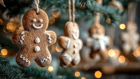 A Christmas tree with a gingerbread man and other ornaments hanging from it.の素材