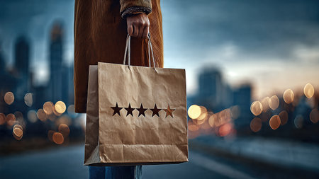 A hand holding a brown paper gift bag decorated with five stars, symbolizing high quality and positive rating.の素材